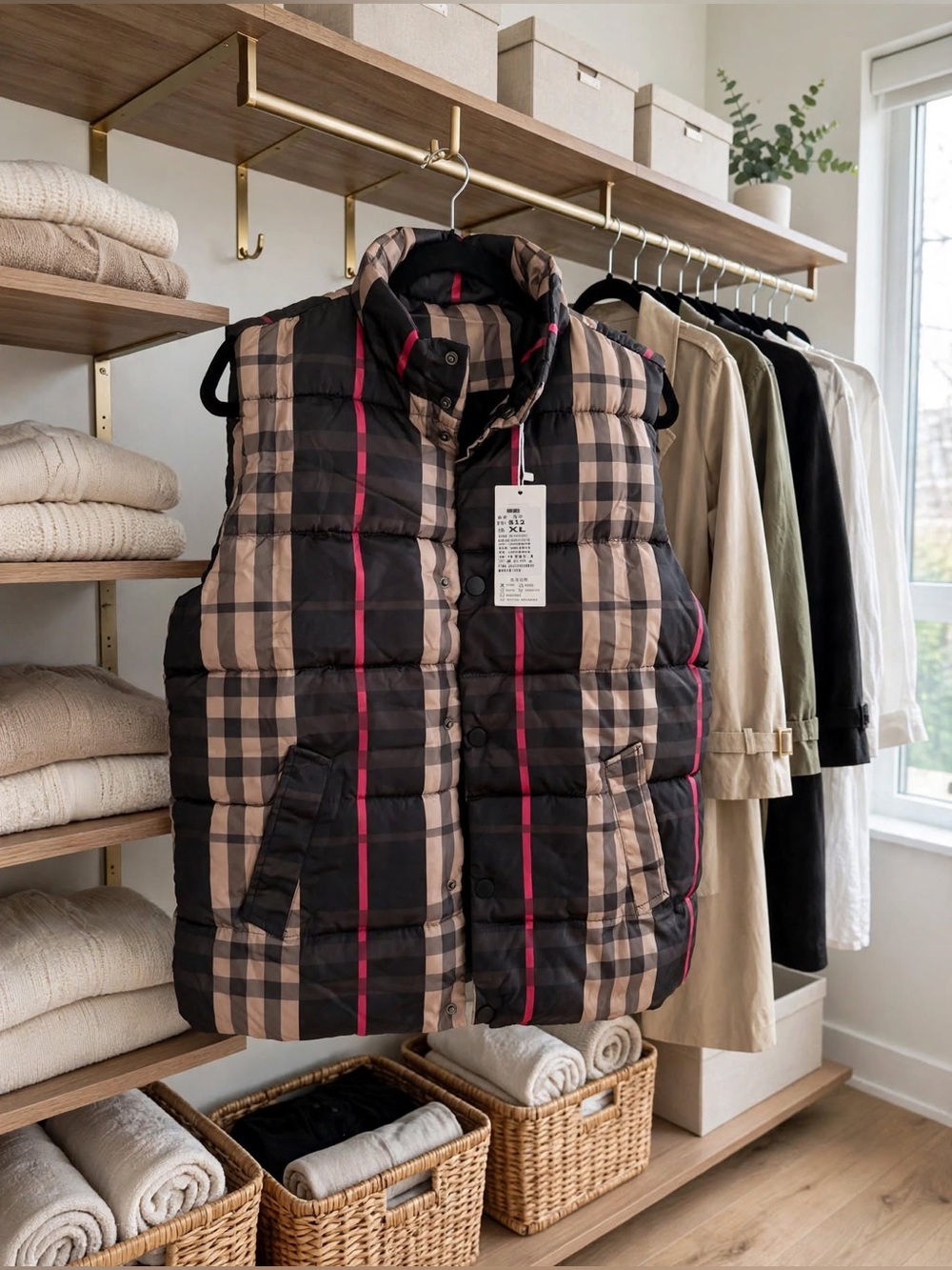 Women Plaid Puffer Vest - Black & Beige with Red Stripe